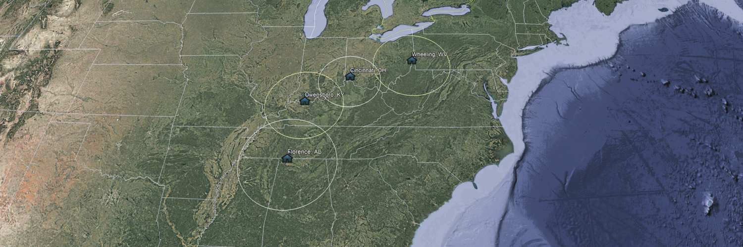 map of USA showing potential locations for Isleby headquarters, image generated from Google Earth